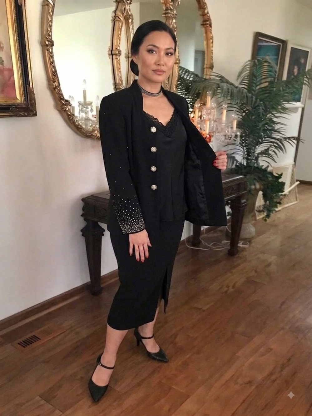SOLINI 3PC quiet Luxury black First Lady Skirt Suit w Rhinestones Plus SZ 24 - Picture 1 of 13